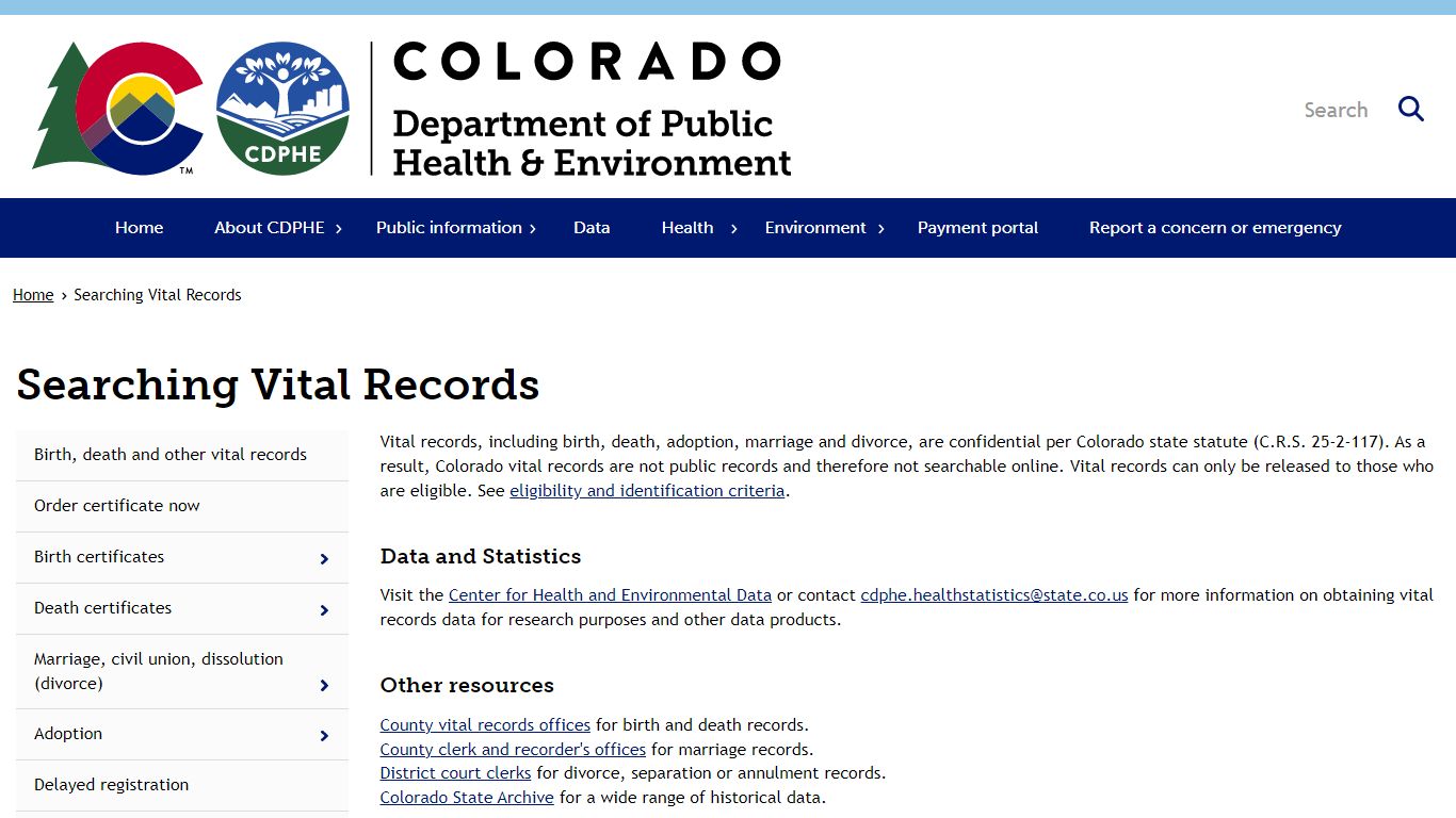 Searching Vital Records | Department of Public Health & Environment